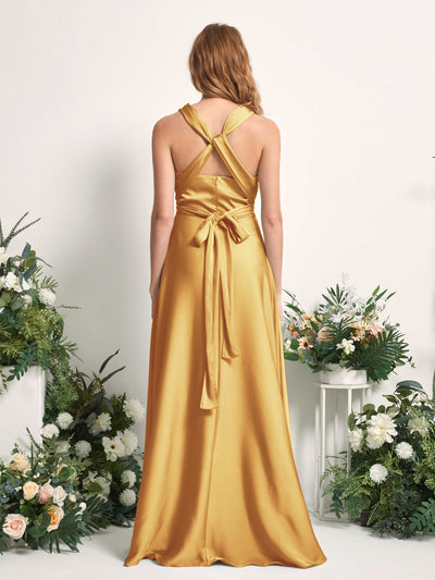 Carlyna Mirabelle Convertible Canary Satin Bridesmaid Dress Maxi Sleeveless Sweetheart Dress Side View 3 #color_canary