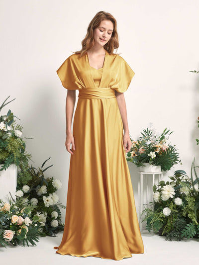 Carlyna Mirabelle Convertible Canary Satin Bridesmaid Dress Maxi Sleeveless Sweetheart Dress Side View 4 #color_canary