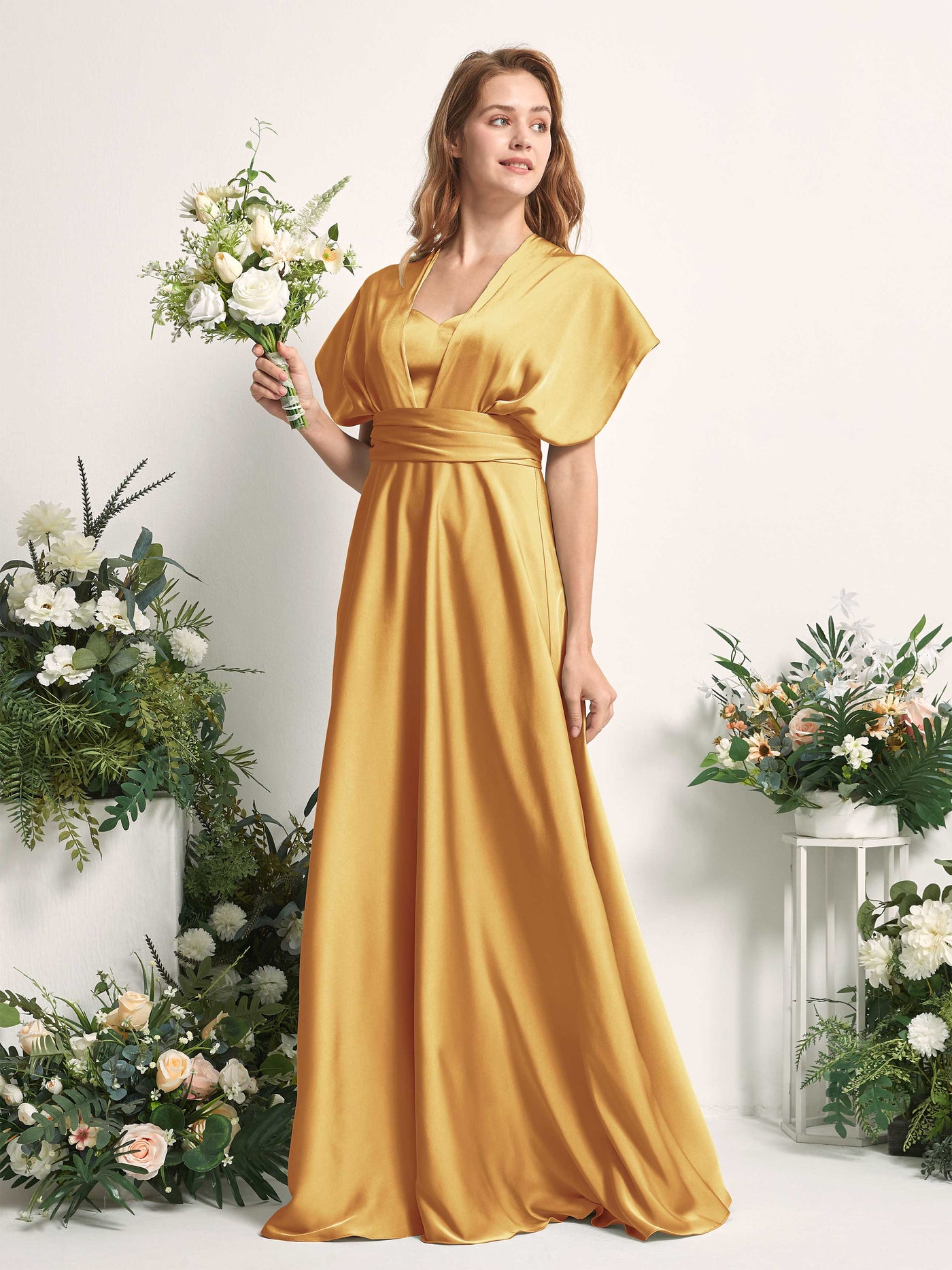 Canary Bridesmaid Dresses Bridesmaid Dress A-line Satin Halter Full Length Short Sleeves Wedding Party Dress (81226431)#color_canary