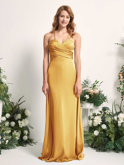 Carlyna Allison A-Line Canary Satin Bridesmaid Dress Maxi Sleeveless V-Neck Dress Front View #color_canary
