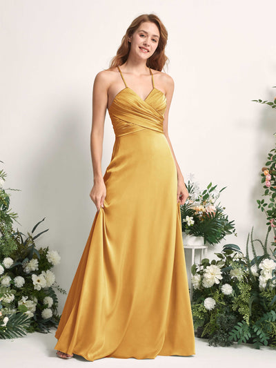 Carlyna Allison A-Line Canary Satin Bridesmaid Dress Maxi Sleeveless V-Neck Dress Side View 2 #color_canary