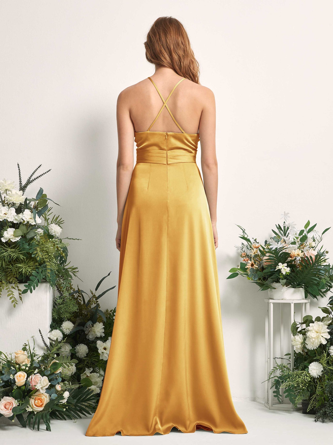 Canary Bridesmaid Dresses Bridesmaid Dress A-line Satin Spaghetti-straps Full Length Sleeveless Wedding Party Dress (80225731)#color_canary