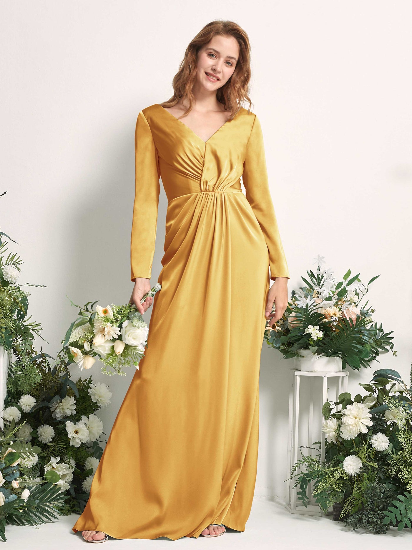 Canary Bridesmaid Dresses Bridesmaid Dress A-line Satin V-neck Full Length Long Sleeves Wedding Party Dress (80225831)#color_canary