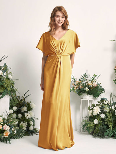 Carlyna Bailey A-Line Canary Satin Bridesmaid Dress Maxi Cap Sleeve V-Neck Dress Front View #color_canary