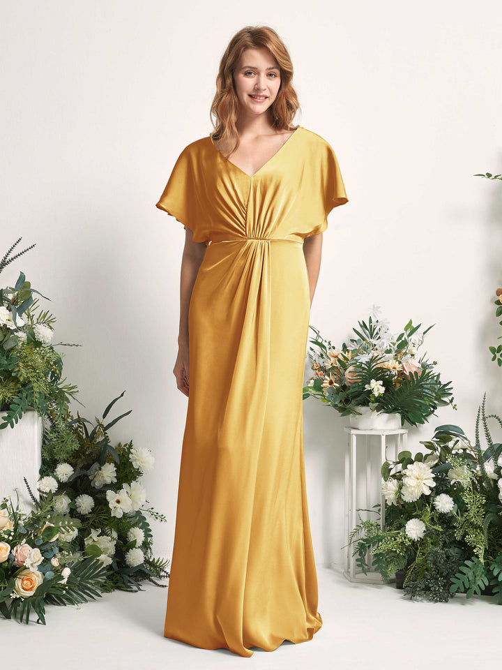 Canary Bridesmaid Dresses Bridesmaid Dress A-line Satin V-neck Full Length Short Sleeves Wedding Party Dress (80225531)