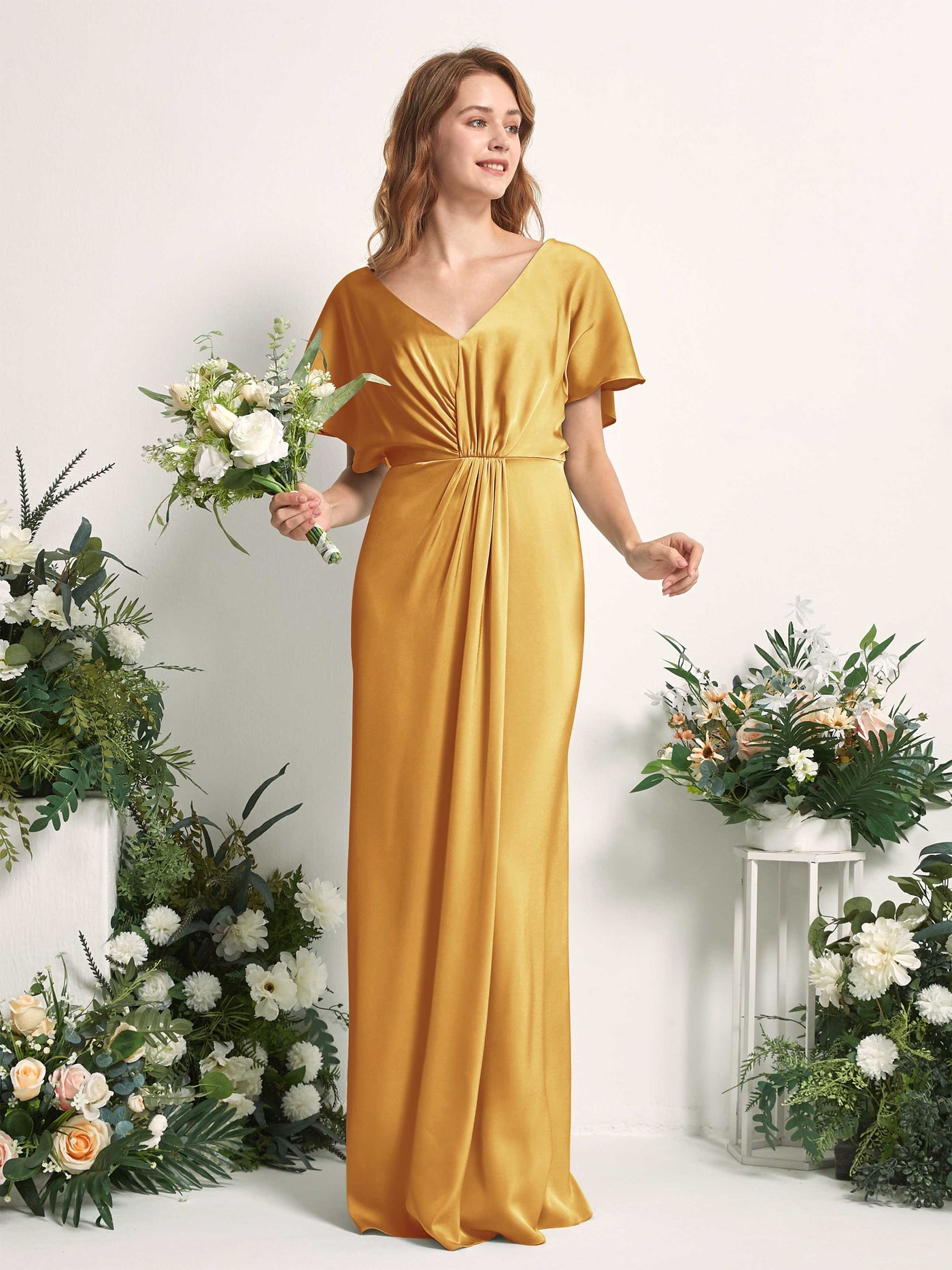 Canary Bridesmaid Dresses Bridesmaid Dress A-line Satin V-neck Full Length Short Sleeves Wedding Party Dress (80225531)#color_canary