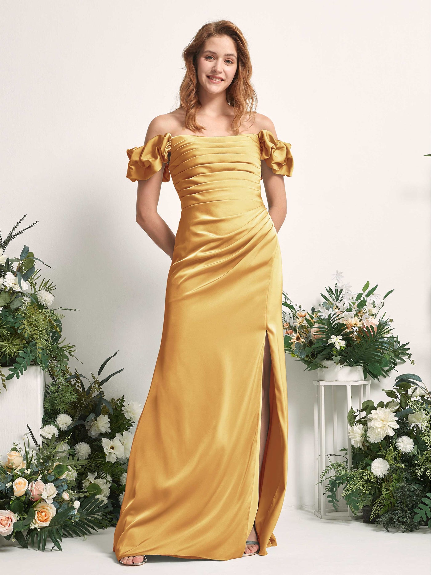 Canary Bridesmaid Dresses Bridesmaid Dress A-line Satin Off Shoulder Full Length Short Sleeves Wedding Party Dress (80226431)#color_canary