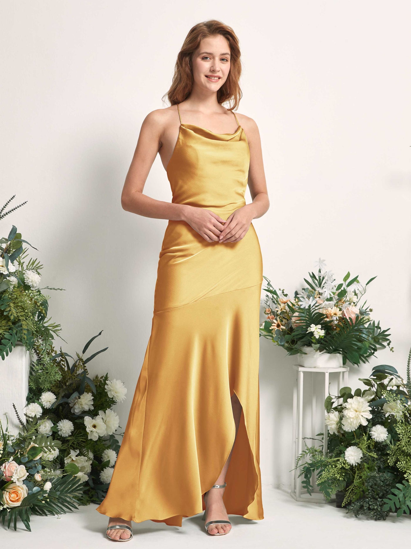 Canary Bridesmaid Dresses Bridesmaid Dress Mermaid/Trumpet Satin Spaghetti-straps High Low Sleeveless Wedding Party Dress (80226131)#color_canary