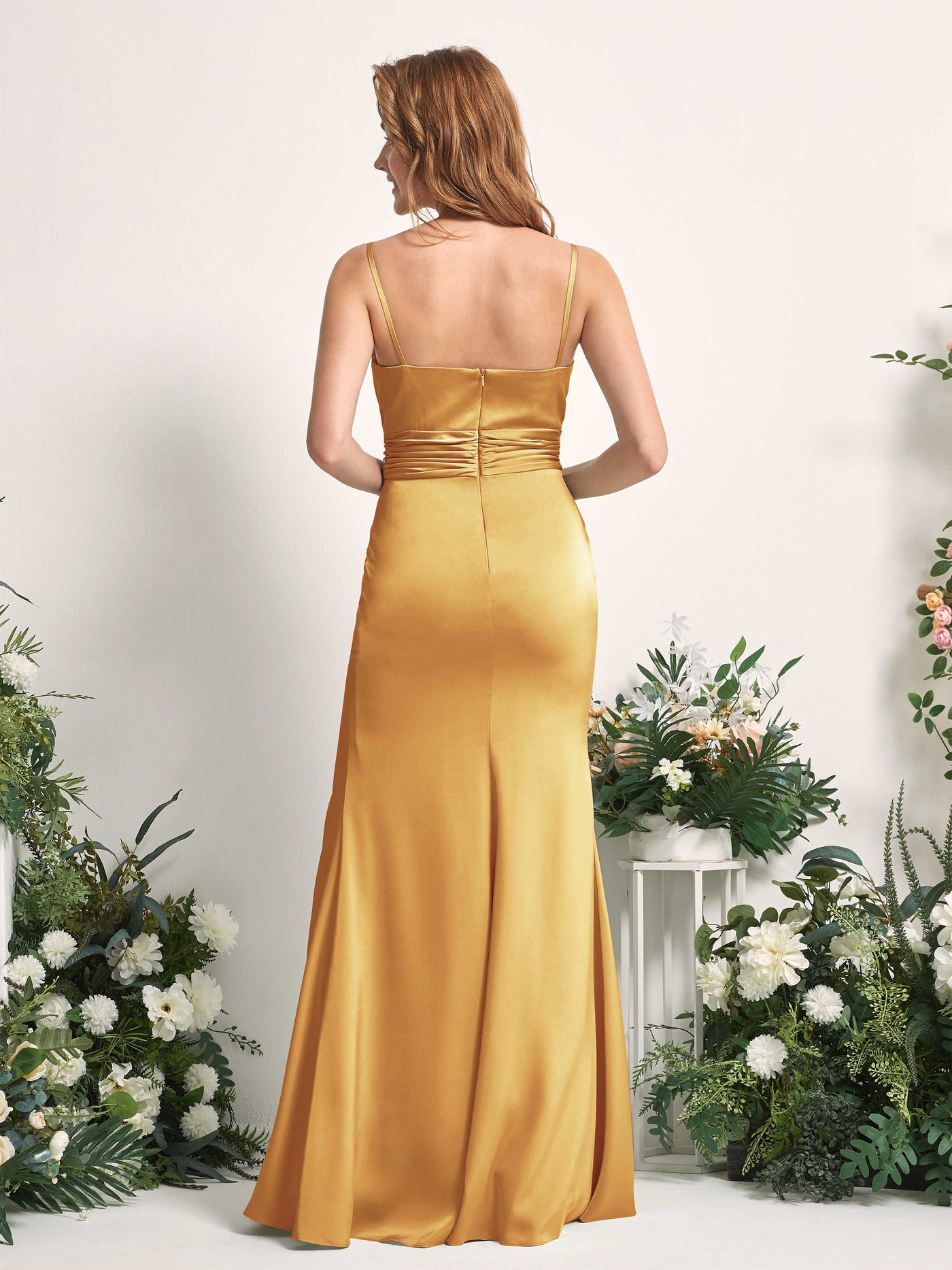 Canary Bridesmaid Dresses Bridesmaid Dress Mermaid/Trumpet Satin Spaghetti-straps Full Length Sleeveless Wedding Party Dress (80226331)#color_canary
