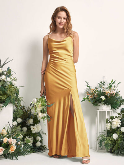 Carlyna Miranda Mermaid Canary Satin Bridesmaid Dress Maxi Sleeveless Cowl Neck Dress Front View #color_canary
