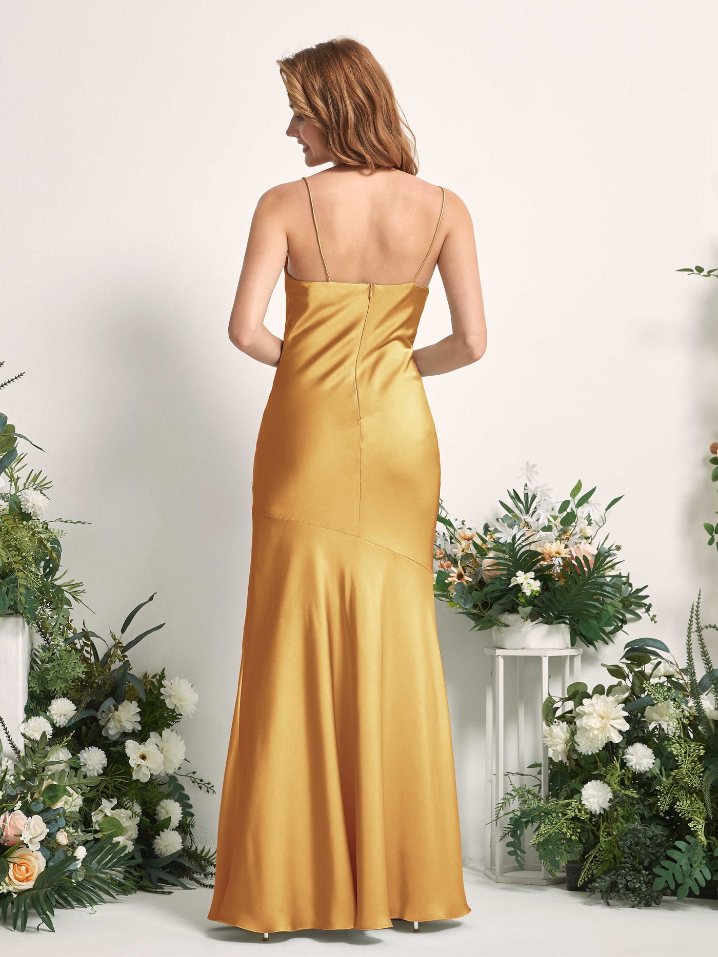 Canary Bridesmaid Dresses Bridesmaid Dress Mermaid/Trumpet Satin Spaghetti-straps Full Length Sleeveless Wedding Party Dress (80225631)#color_canary