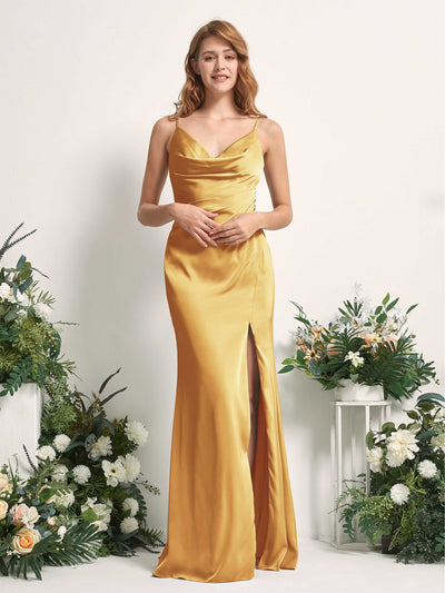 Carlyna Hayley Mermaid Canary Satin Bridesmaid Dress Maxi Sleeveless V-Neck Dress Front View #color_canary
