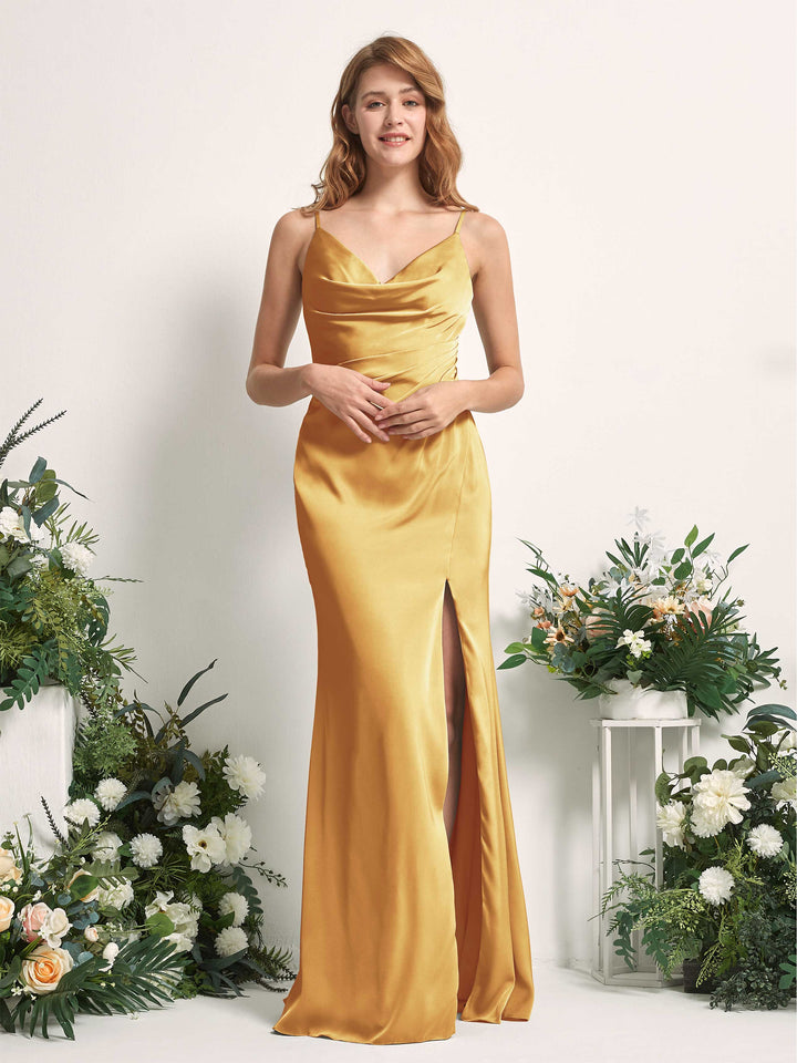 Canary Bridesmaid Dresses Bridesmaid Dress Mermaid/Trumpet Satin Spaghetti-straps Full Length Sleeveless Wedding Party Dress (80225931)