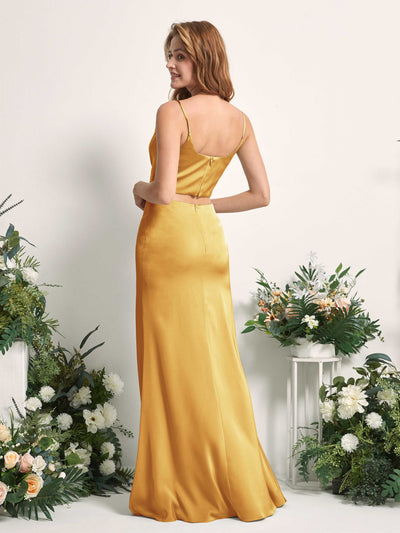Carlyna Felicity Two-Piece Canary Satin Bridesmaid Dress Maxi Sleeveless Cowl Neck Dress Back View #color_canary