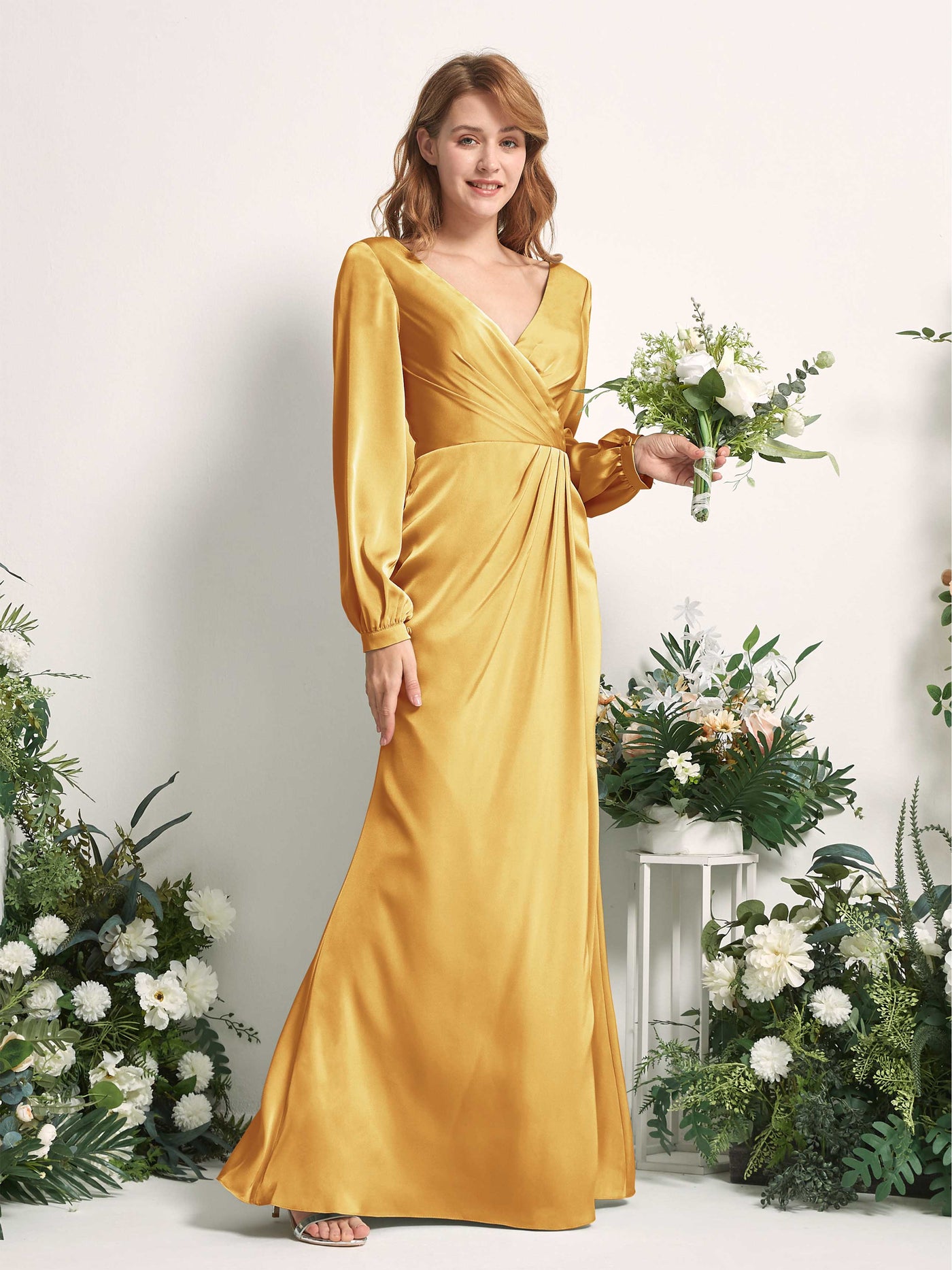 Canary Bridesmaid Dresses Bridesmaid Dress Ball Gown Satin V-neck Full Length Long Sleeves Wedding Party Dress (80225131)#color_canary