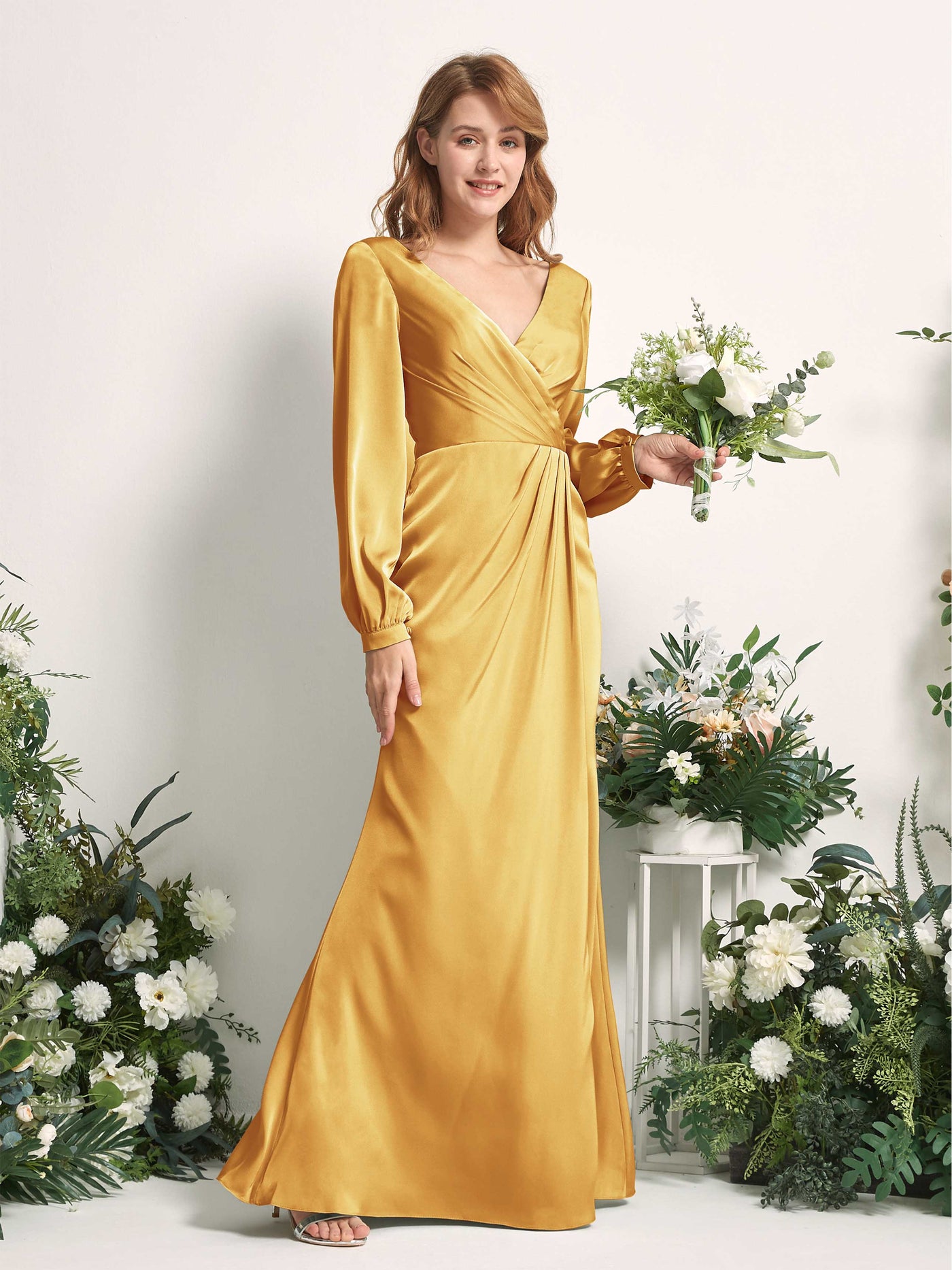 Steel Gray Satin Bridesmaid Dress Mermaid Maxi Long Sleeve V-Neck | Carlyna Steel Gray Satin Bridesmaid Dress Mermaid Maxi Long Sleeve V-Neck | Carlyna