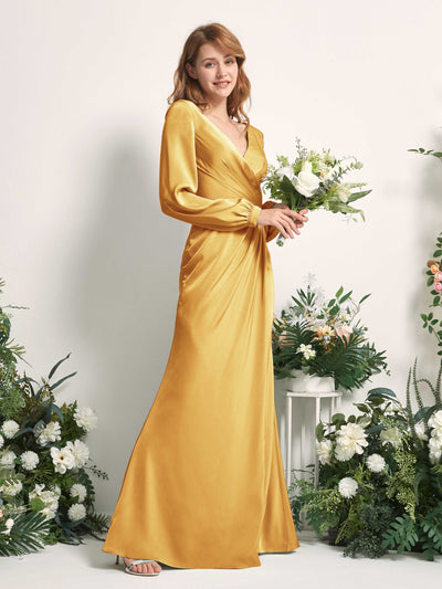 Carlyna Taylor Mermaid Canary Satin Bridesmaid Dress Maxi Long Sleeve V-Neck Side View 2 #color_canary