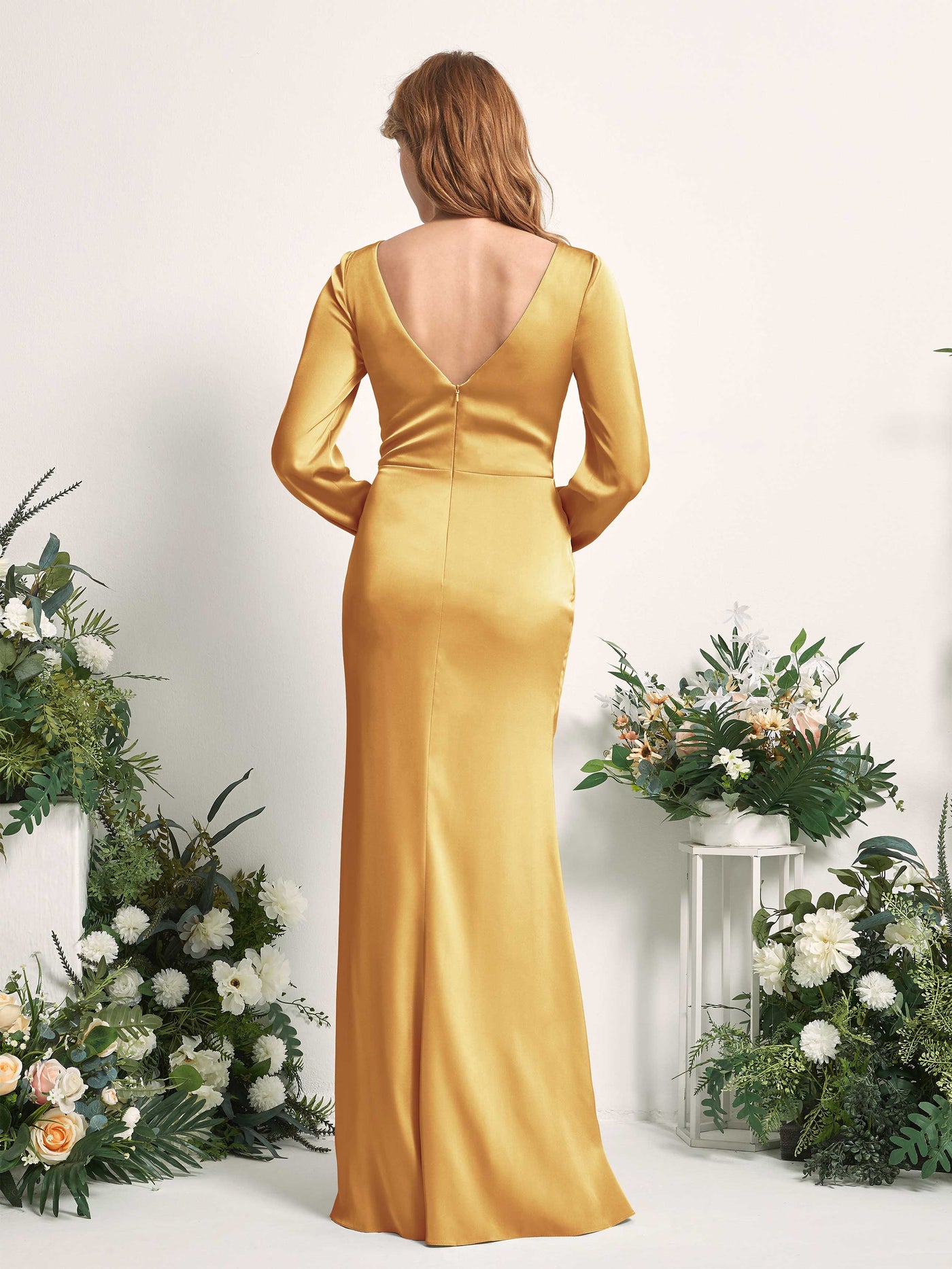 Canary Bridesmaid Dresses Bridesmaid Dress Ball Gown Satin V-neck Full Length Long Sleeves Wedding Party Dress (80225131)#color_canary