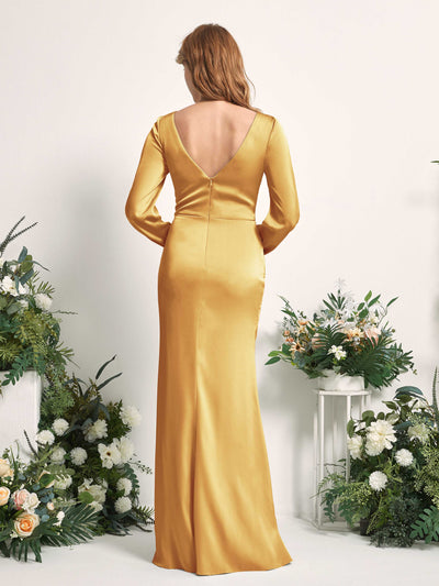 Carlyna Taylor Mermaid Canary Satin Bridesmaid Dress Maxi Long Sleeve V-Neck Back View #color_canary