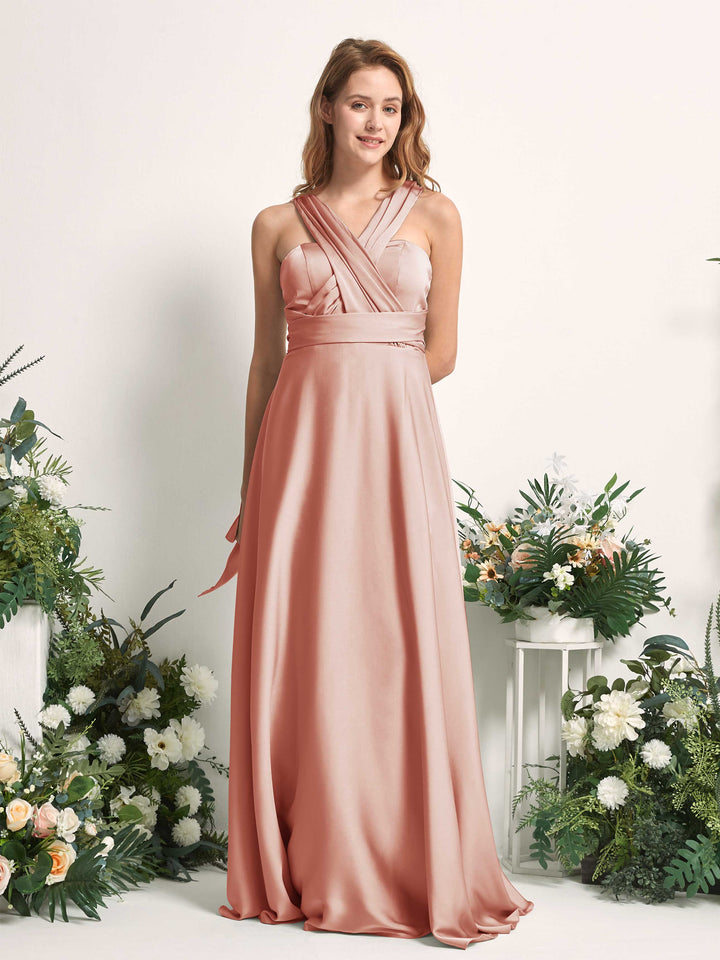 Cantaloupe Bridesmaid Dresses Bridesmaid Dress A-line Satin Halter Full Length Short Sleeves Wedding Party Dress (81226432)