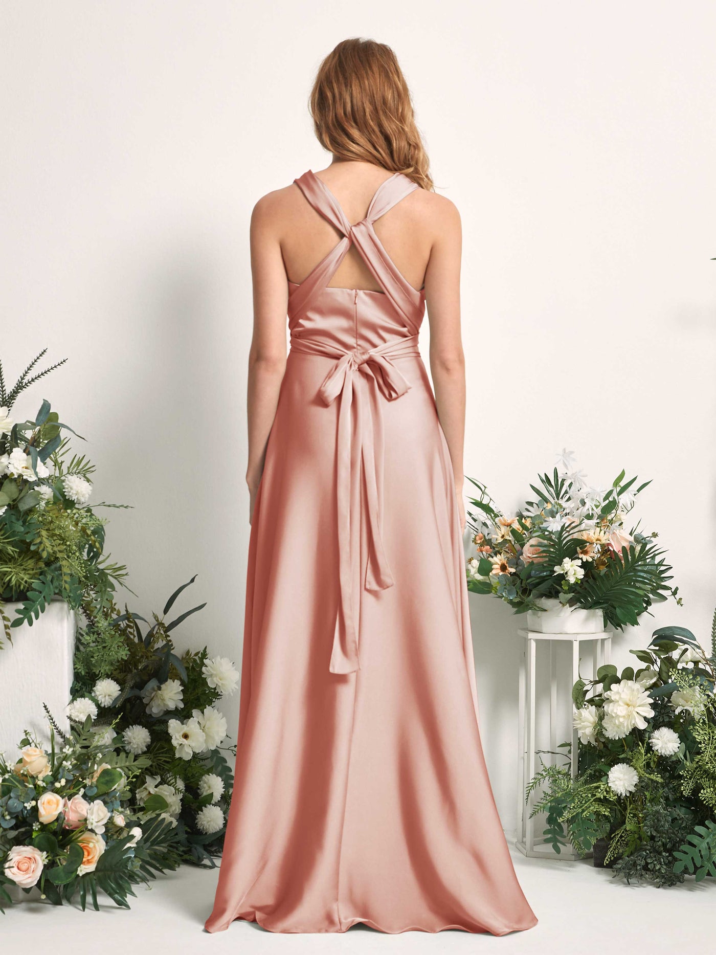 Cantaloupe Bridesmaid Dresses Bridesmaid Dress A-line Satin Halter Full Length Short Sleeves Wedding Party Dress (81226432)#color_cantaloupe