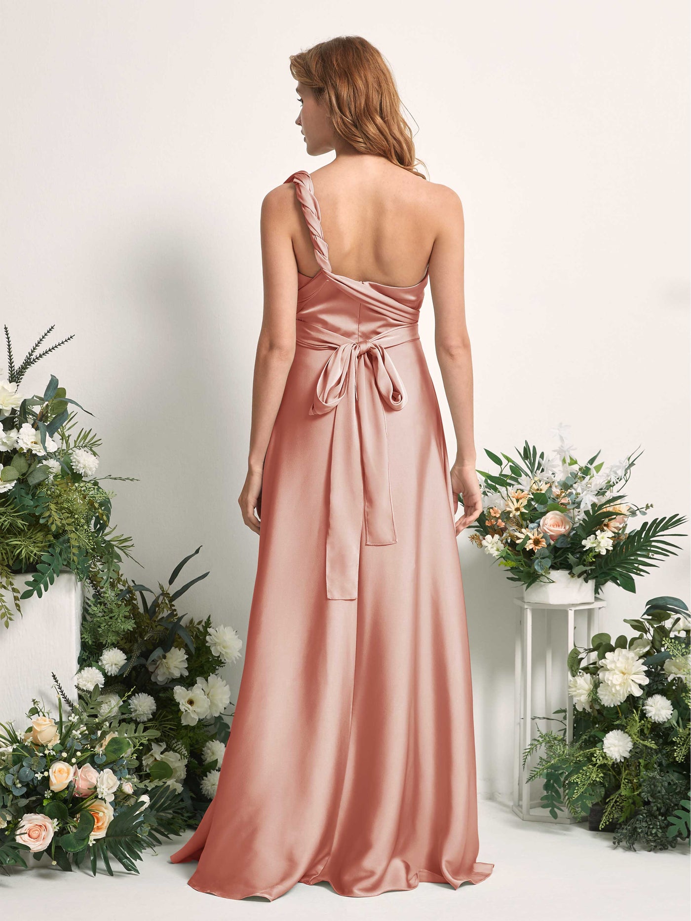 Cantaloupe Bridesmaid Dresses Bridesmaid Dress A-line Satin Halter Full Length Short Sleeves Wedding Party Dress (81226432)#color_cantaloupe