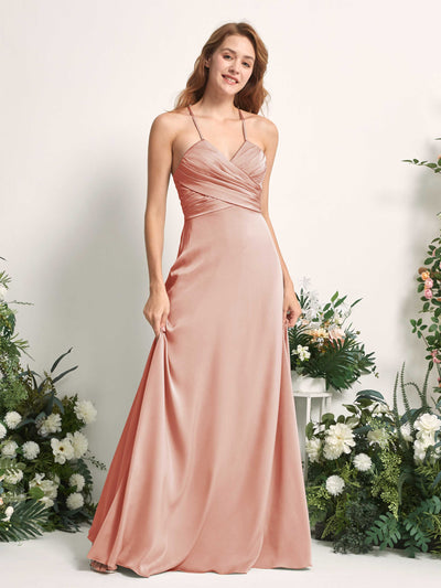 Carlyna Allison A-Line Cantaloupe Satin Bridesmaid Dress Maxi Sleeveless V-Neck Dress Side View 2 #color_cantaloupe