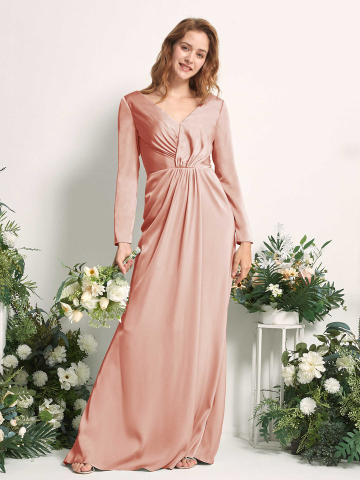 Cantaloupe Bridesmaid Dresses Bridesmaid Dress A-line Satin V-neck Full Length Long Sleeves Wedding Party Dress (80225832)