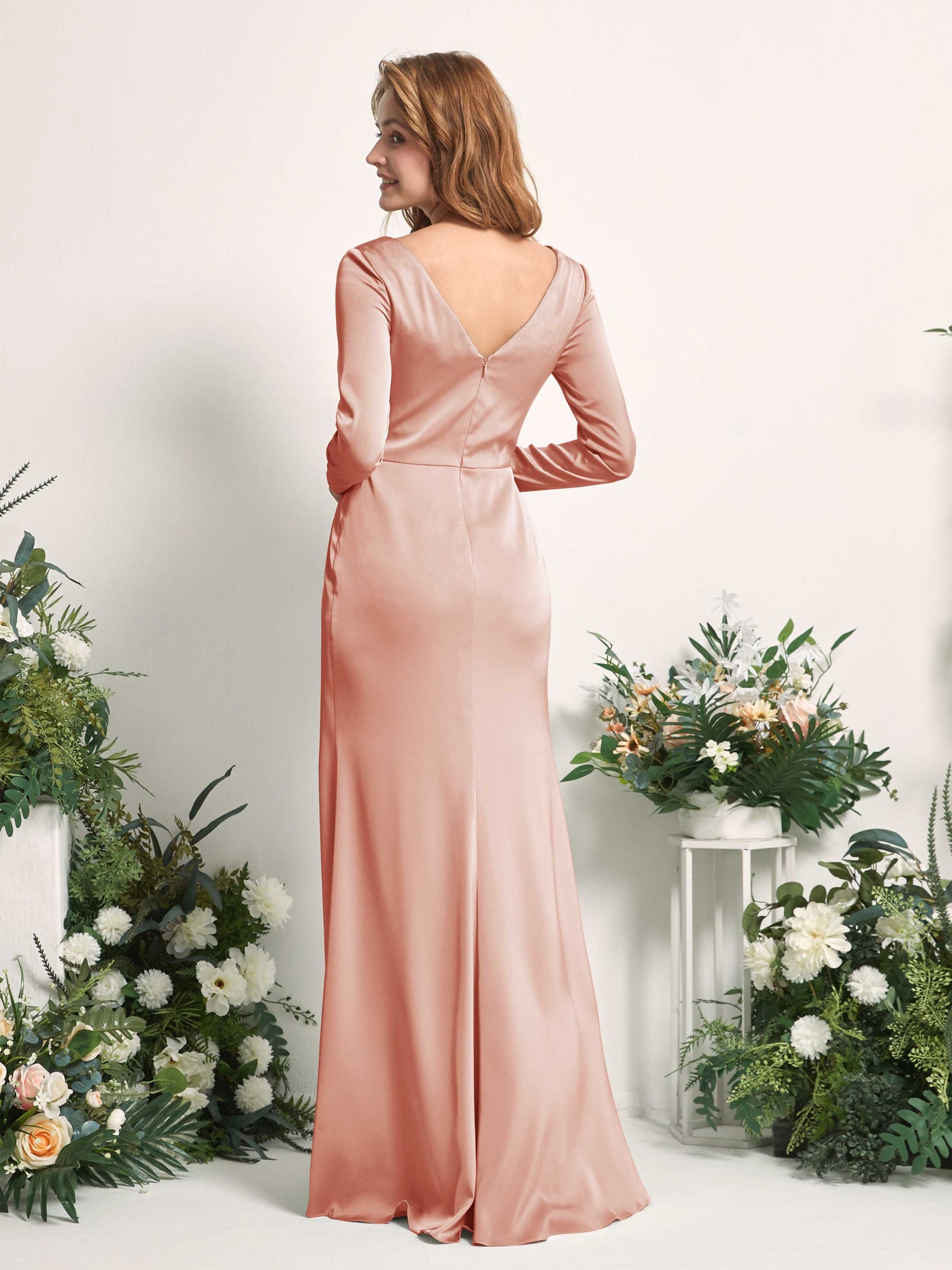 Cantaloupe Bridesmaid Dresses Bridesmaid Dress A-line Satin V-neck Full Length Long Sleeves Wedding Party Dress (80225832)#color_cantaloupe