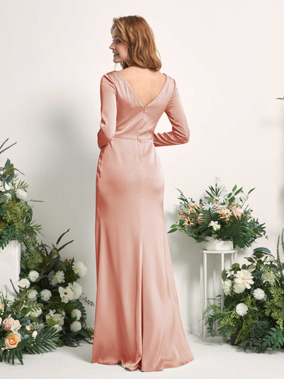 Carlyna Alicia Mermaid Cantaloupe Satin Bridesmaid Dress Maxi Long Sleeve V-Neck Back View #color_cantaloupe