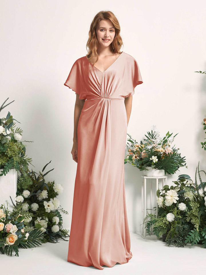 Cantaloupe Bridesmaid Dresses Bridesmaid Dress A-line Satin V-neck Full Length Short Sleeves Wedding Party Dress (80225532)