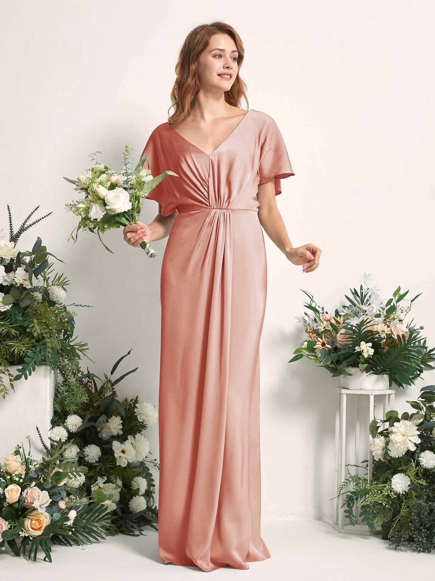 Cantaloupe Bridesmaid Dresses Bridesmaid Dress A-line Satin V-neck Full Length Short Sleeves Wedding Party Dress (80225532)#color_cantaloupe