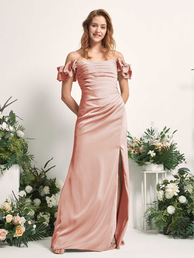 Cantaloupe Bridesmaid Dresses Bridesmaid Dress A-line Satin Off Shoulder Full Length Short Sleeves Wedding Party Dress (80226432)#color_cantaloupe
