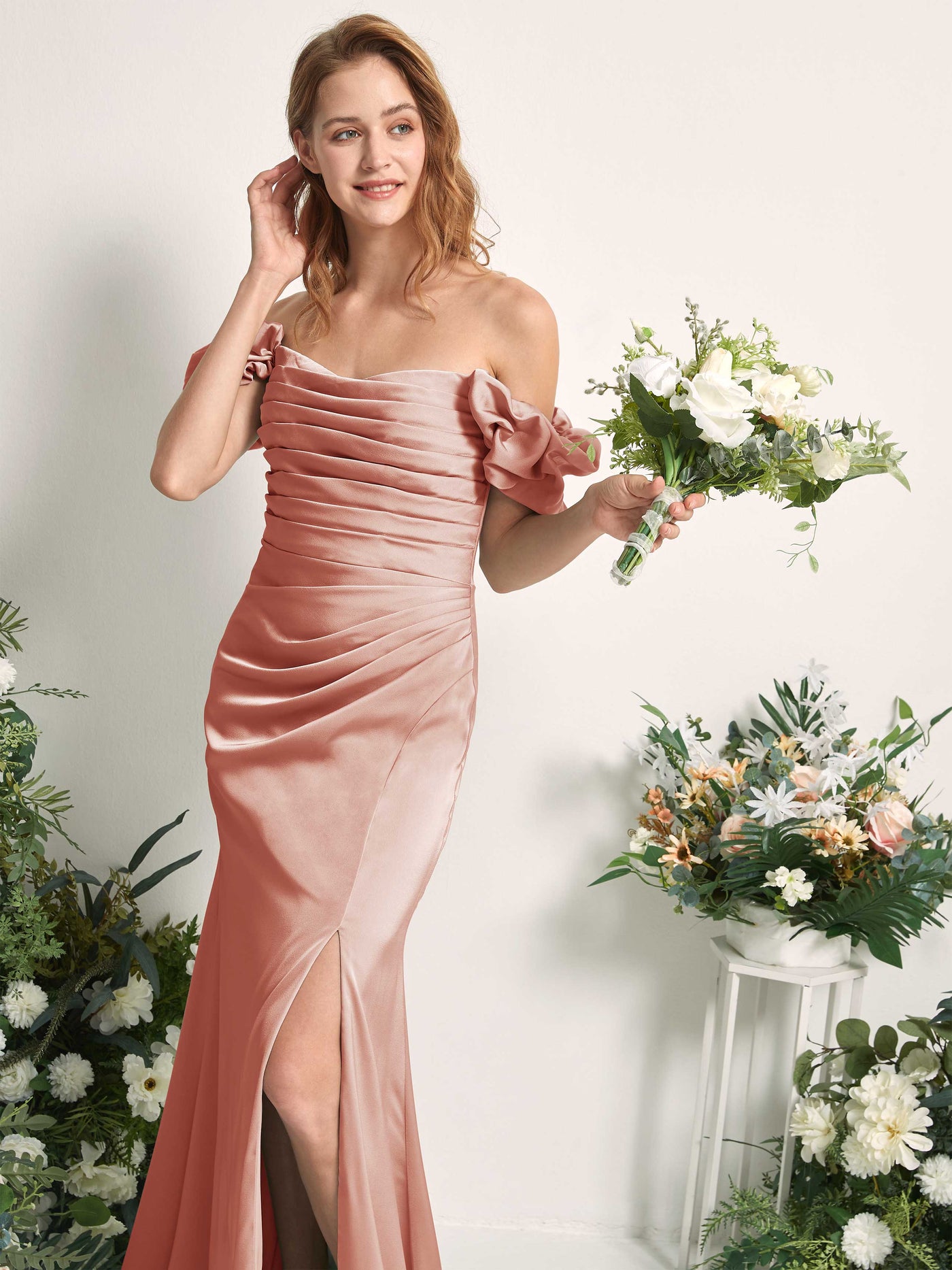 Cantaloupe Bridesmaid Dresses Bridesmaid Dress A-line Satin Off Shoulder Full Length Short Sleeves Wedding Party Dress (80226432)#color_cantaloupe