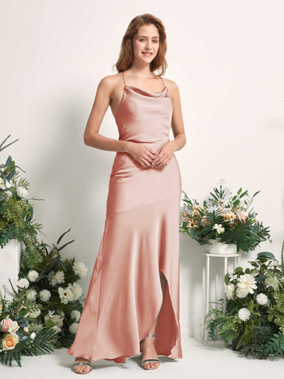 Carlyna Florence Mermaid Cantaloupe Satin Bridesmaid Dress Maxi Sleeveless Cowl Neck Dress Side View 2 #color_cantaloupe