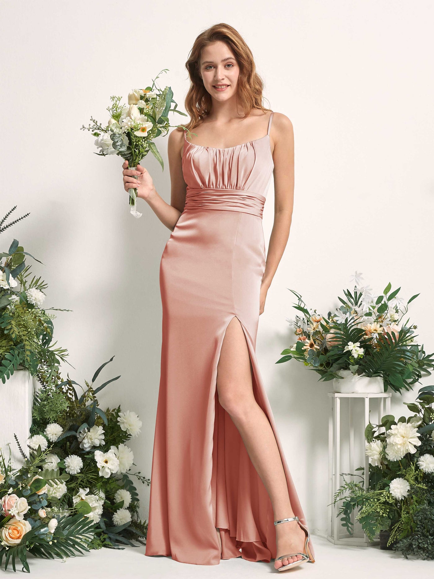 Cantaloupe Bridesmaid Dresses Bridesmaid Dress Mermaid/Trumpet Satin Spaghetti-straps Full Length Sleeveless Wedding Party Dress (80226332)#color_cantaloupe