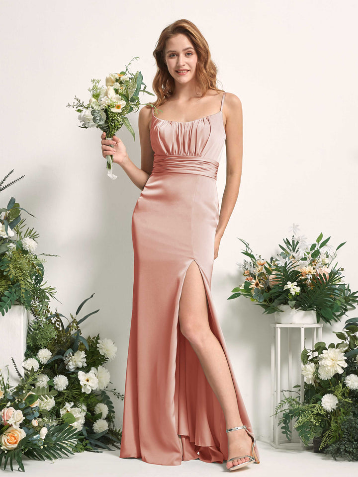 Cantaloupe Bridesmaid Dresses Bridesmaid Dress Mermaid/Trumpet Satin Spaghetti-straps Full Length Sleeveless Wedding Party Dress (80226332)