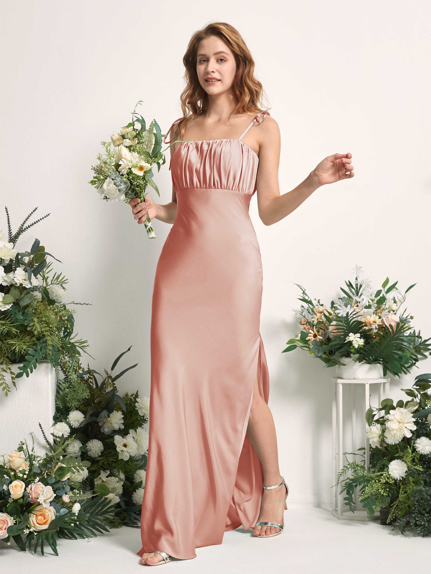Cantaloupe Bridesmaid Dresses Bridesmaid Dress Mermaid/Trumpet Satin Spaghetti-straps Full Length Sleeveless Wedding Party Dress (80225432)#color_cantaloupe