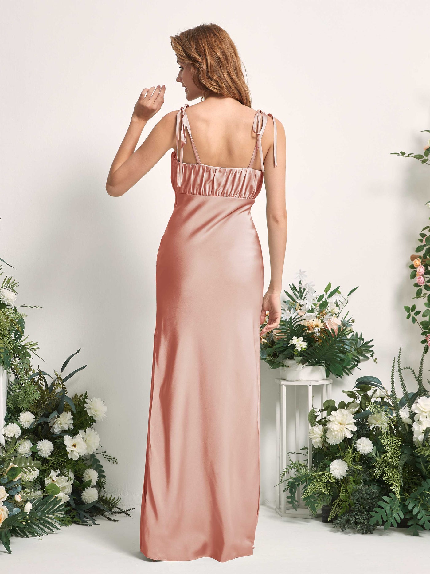 Cantaloupe Bridesmaid Dresses Bridesmaid Dress Mermaid/Trumpet Satin Spaghetti-straps Full Length Sleeveless Wedding Party Dress (80225432)#color_cantaloupe