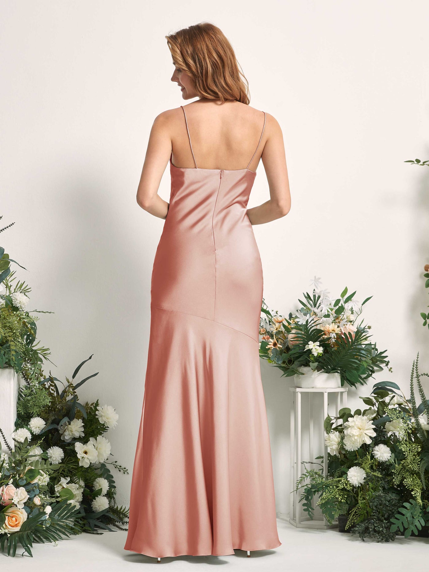 Cantaloupe Bridesmaid Dresses Bridesmaid Dress Mermaid/Trumpet Satin Spaghetti-straps Full Length Sleeveless Wedding Party Dress (80225632)#color_cantaloupe