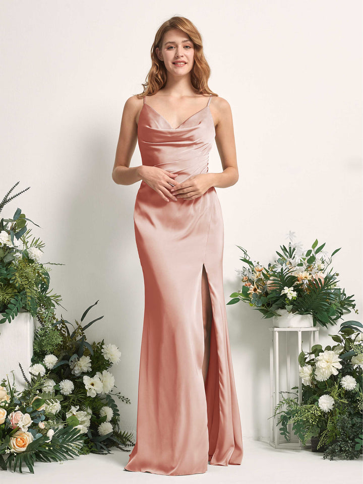 Cantaloupe Bridesmaid Dresses Bridesmaid Dress Mermaid/Trumpet Satin Spaghetti-straps Full Length Sleeveless Wedding Party Dress (80225932)