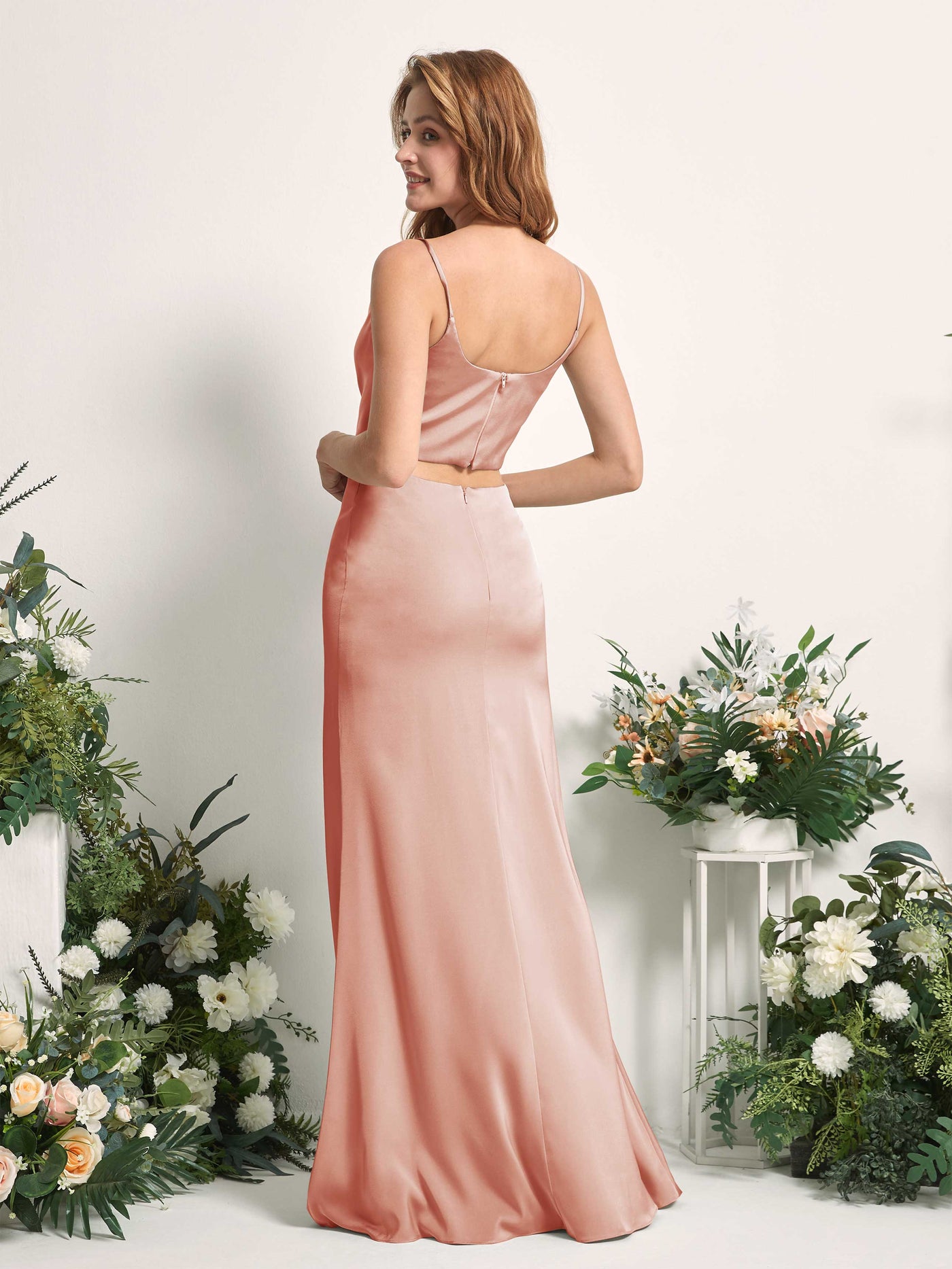 Cantaloupe Bridesmaid Dresses Bridesmaid Dress Mermaid/Trumpet Satin Spaghetti-straps Full Length Sleeveless Wedding Party Dress (80226232)#color_cantaloupe