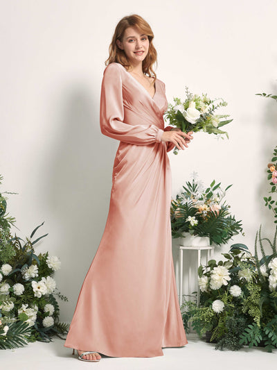 Carlyna Taylor Mermaid Cantaloupe Satin Bridesmaid Dress Maxi Long Sleeve V-Neck Side View 2 #color_cantaloupe