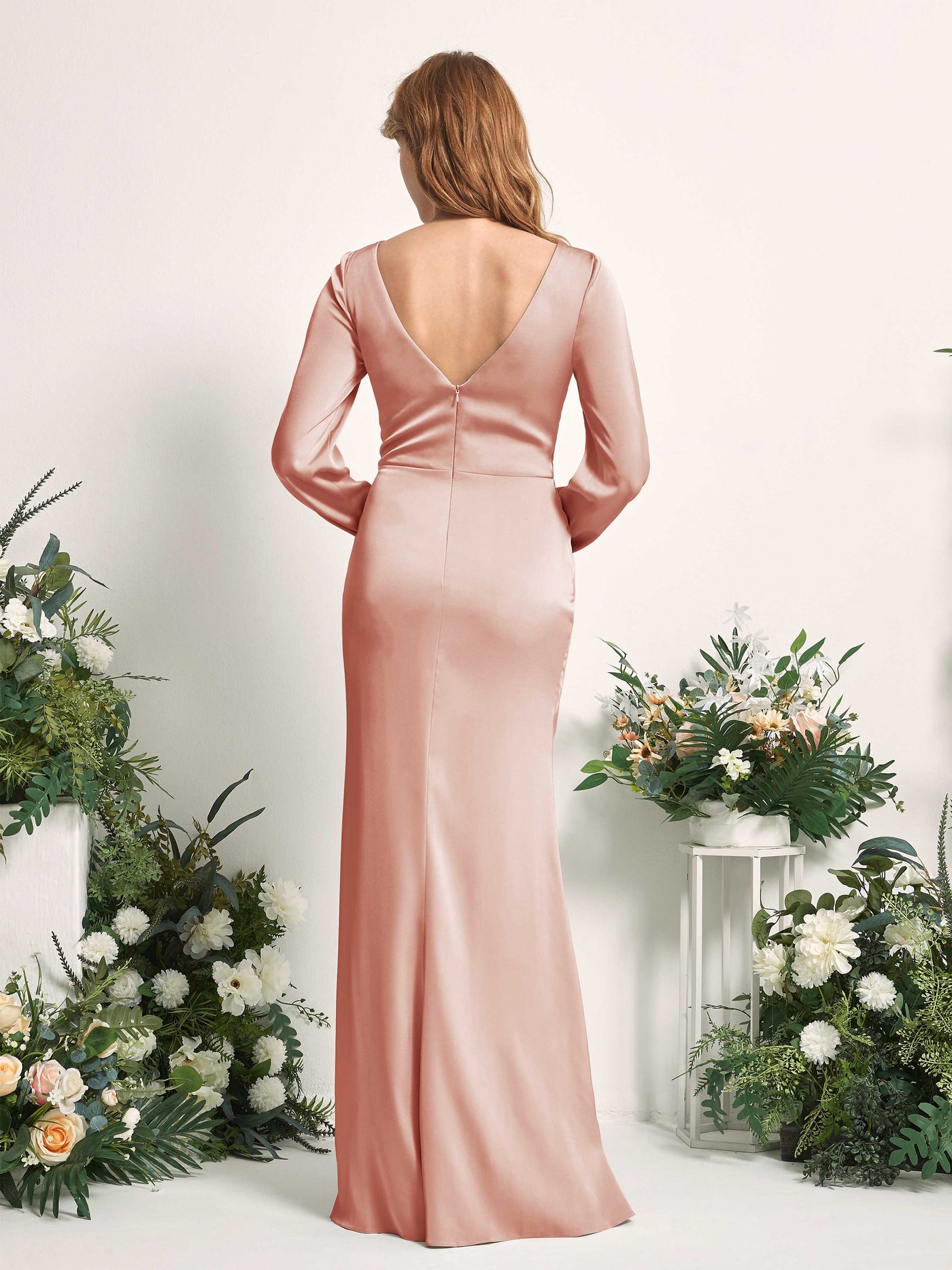 Cantaloupe Bridesmaid Dresses Bridesmaid Dress Ball Gown Satin V-neck Full Length Long Sleeves Wedding Party Dress (80225132)#color_cantaloupe