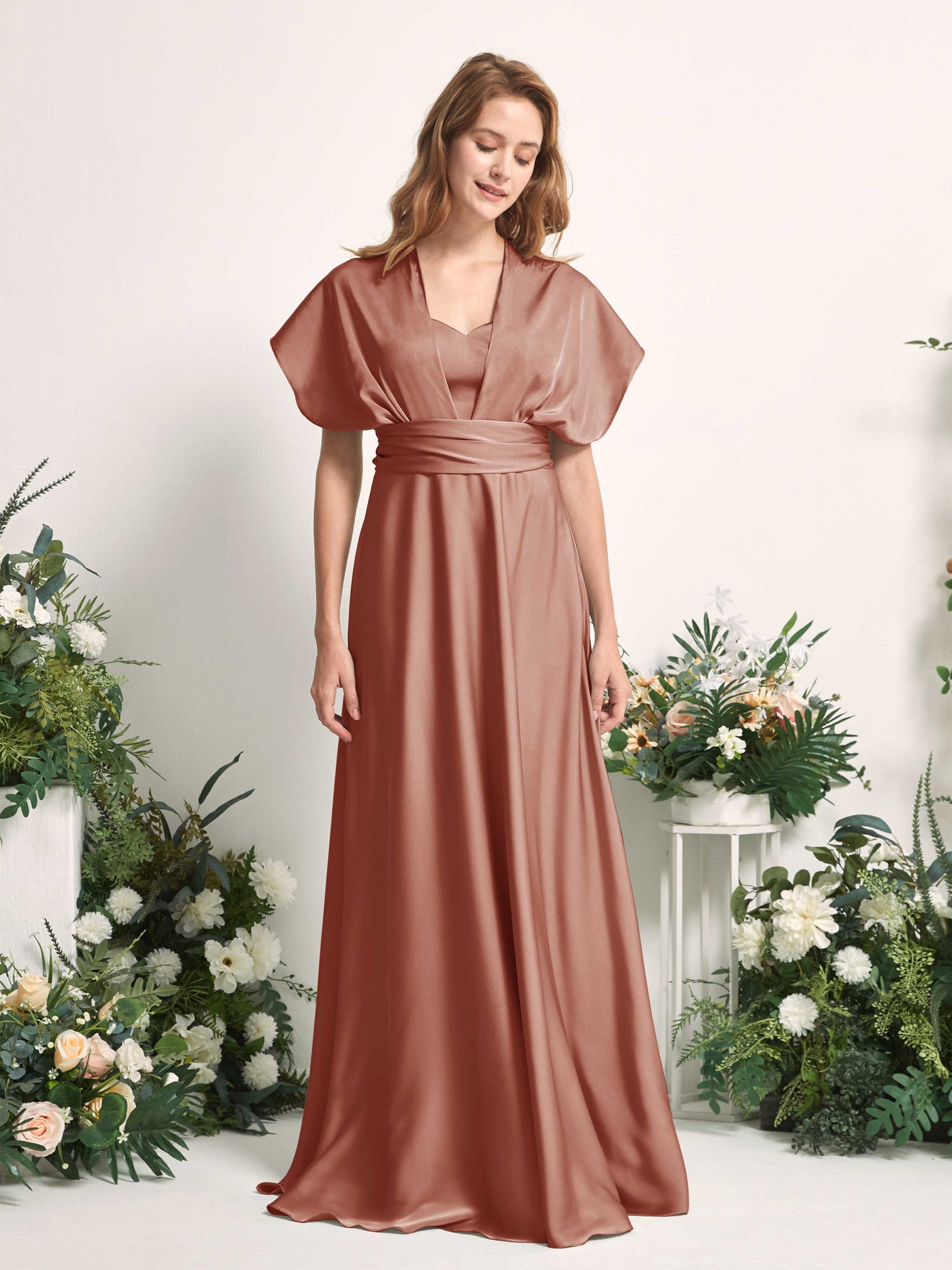 Raw Sienna Bridesmaid Dresses Bridesmaid Dress A-line Satin Halter Full Length Short Sleeves Wedding Party Dress (81226415)#color_raw-sienna