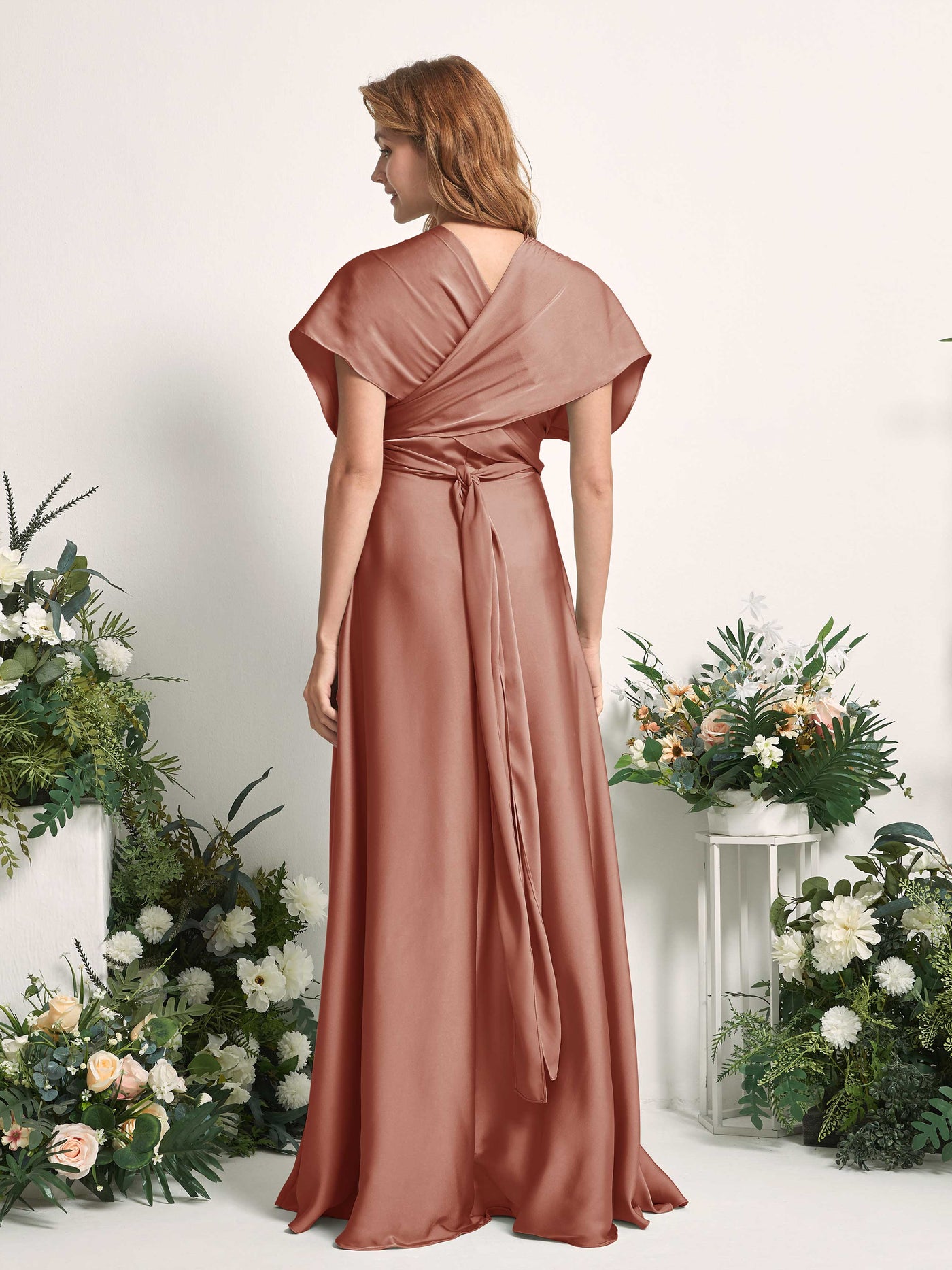 Raw Sienna Bridesmaid Dresses Bridesmaid Dress A-line Satin Halter Full Length Short Sleeves Wedding Party Dress (81226415)#color_raw-sienna