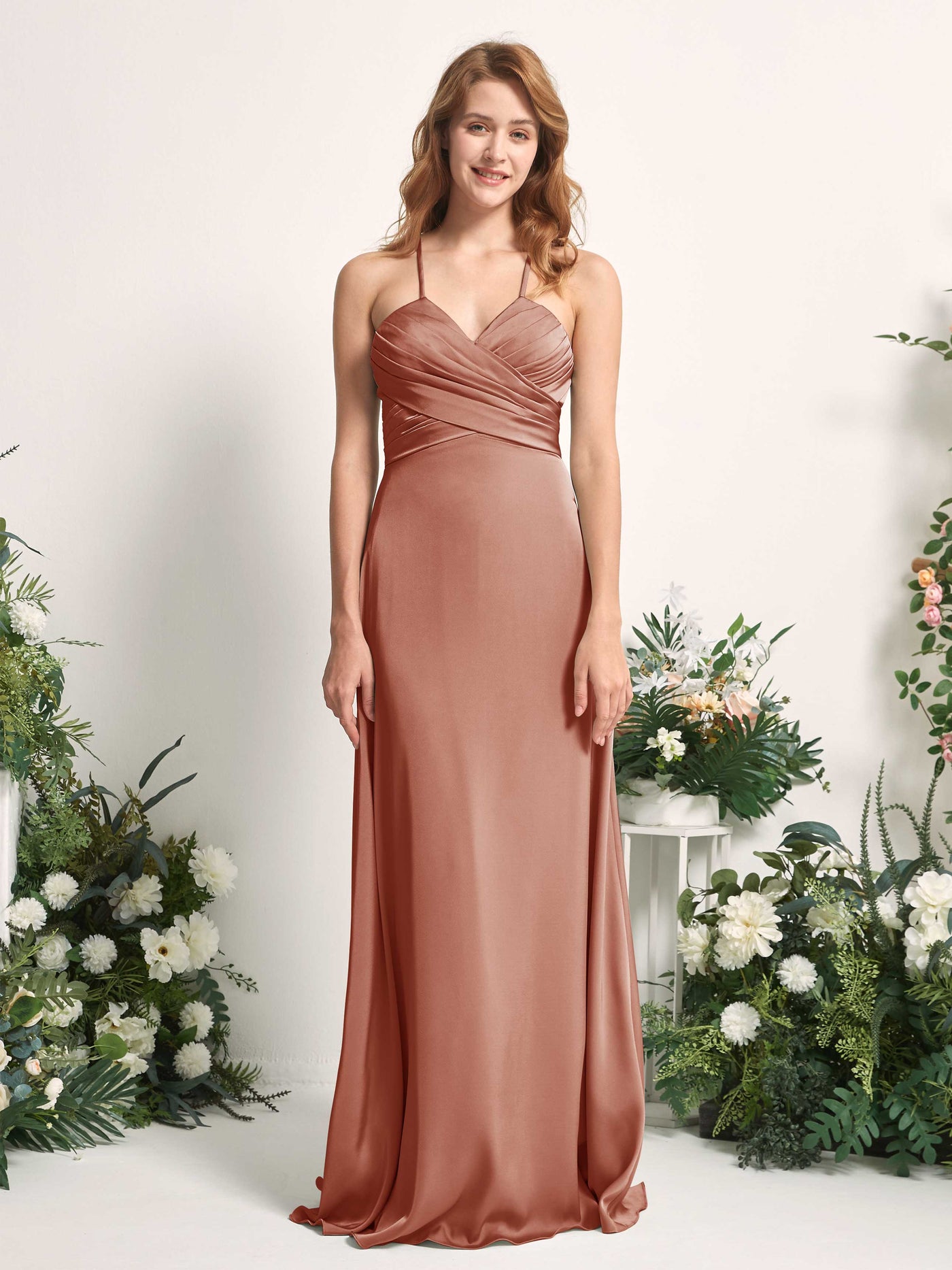 Raw Sienna Bridesmaid Dresses Bridesmaid Dress A-line Satin Spaghetti-straps Full Length Sleeveless Wedding Party Dress (80225715)#color_raw-sienna