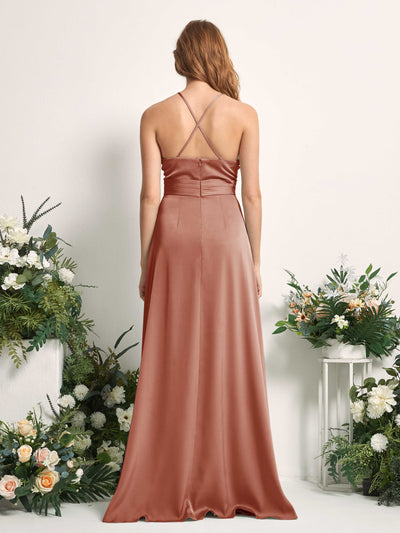 Carlyna Allison A-Line Raw Sienna Satin Bridesmaid Dress Maxi Sleeveless V-Neck Dress Back View #color_raw-sienna