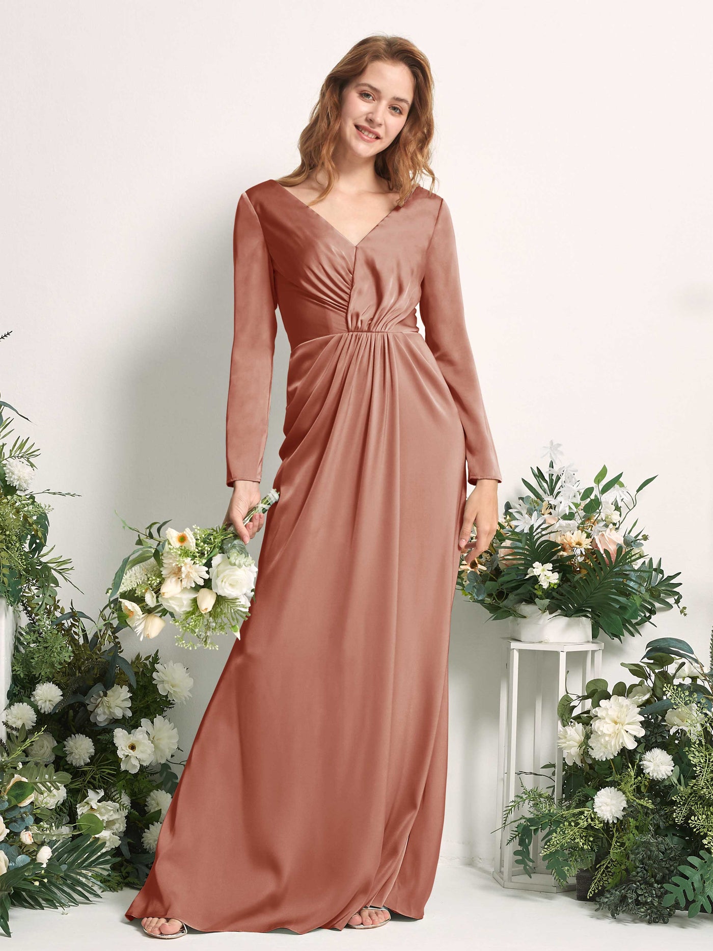 Raw Sienna Bridesmaid Dresses Bridesmaid Dress A-line Satin V-neck Full Length Long Sleeves Wedding Party Dress (80225815)#color_raw-sienna