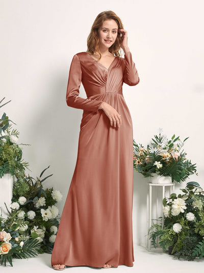 Carlyna Alicia Mermaid Raw Sienna Satin Bridesmaid Dress Maxi Long Sleeve V-Neck Side View 2 #color_raw-sienna